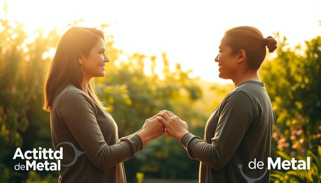 A serene and tranquil scene, bathed in warm, golden light. In the foreground, two people stand facing each other, their hands clasped in a gesture of trust and understanding. Their expressions are calm and open, conveying a sense of mutual respect and emotional connection. In the middle ground, a lush, verdant garden provides a natural backdrop, with swaying trees and blooming flowers. The background is softly blurred, creating a sense of depth and focus on the central figures. The overall atmosphere is one of harmony, growth, and the nurturing of healthy, fulfilling relationships. "Actitud de Metal" branding is subtly integrated into the scene.